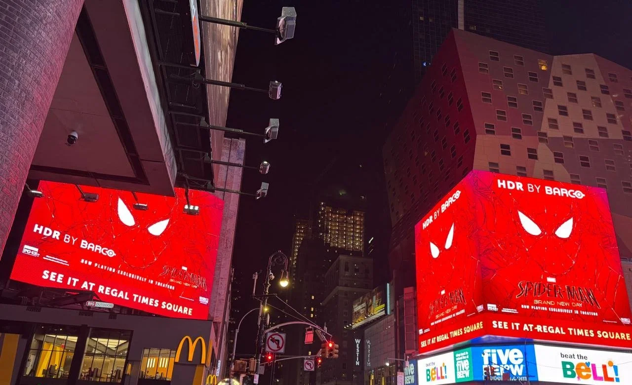 Spider-Man: Brand New Day takeover on two synchronized building faces in Times Square, HDR by Barco, Regal Times Square