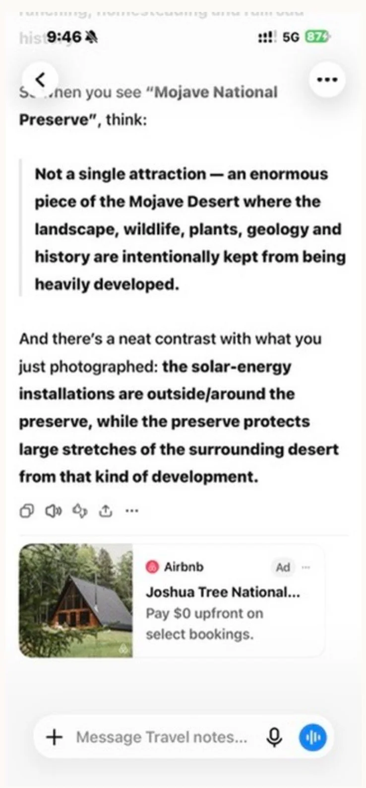 Airbnb ad under a ChatGPT answer: "Joshua Tree National... Pay $0 upfront on select bookings."