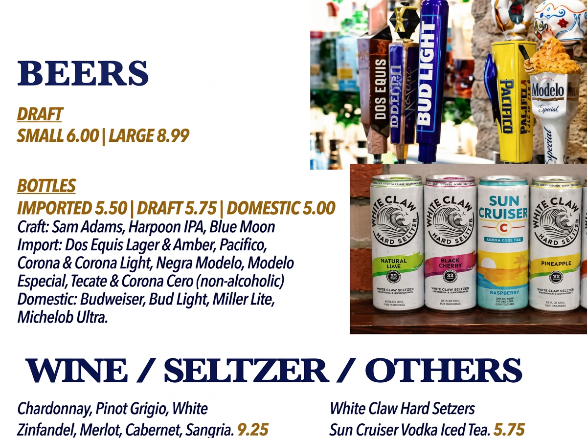 Listado de bebidas con precios y exhibición de latas y geles de cervezas artesanales, seltzers y otras bebidas, con imágenes de botes y geles en la parte superior derecha.