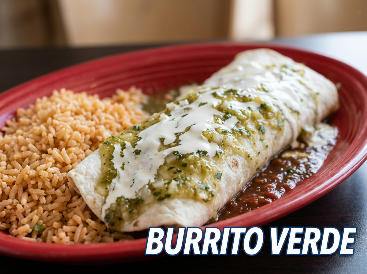 Plato con burrito verde cubierto con salsa y crema, acompañado de arroz mexicano en plato de cerámica