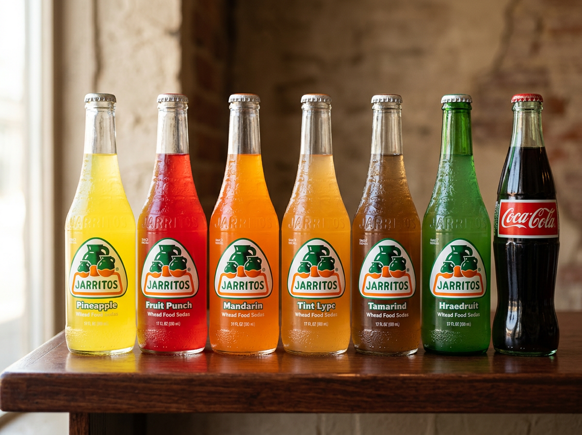 Seis botellas de Jarritos de diferentes sabores y un vaso de Coca-Cola en una mesa de madera.