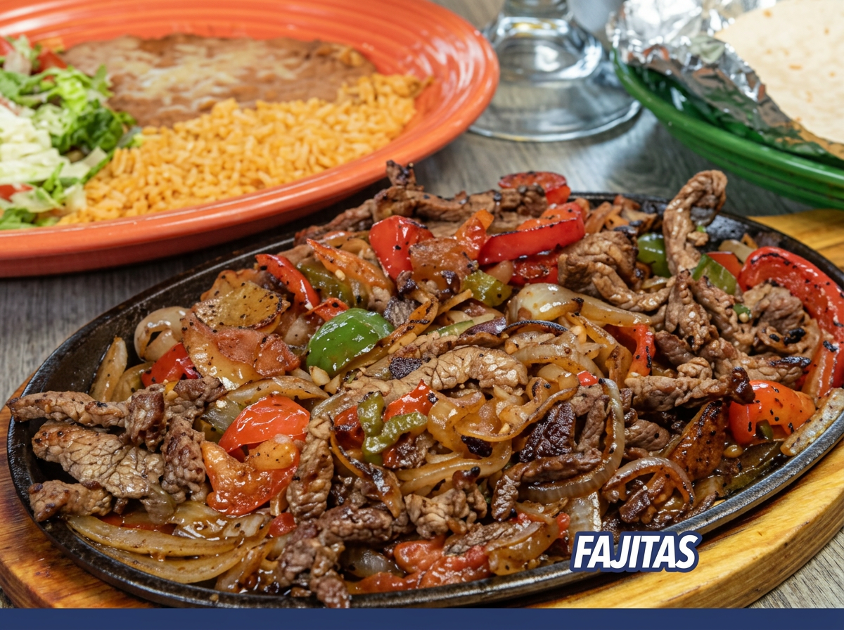 Fajitas con carne de res y verduras, servidas en una placa caliente. En el fondo, un plato con arroz y ensalada, y una bebida. El logotipo de Fajitas en la esquina inferior derecha.