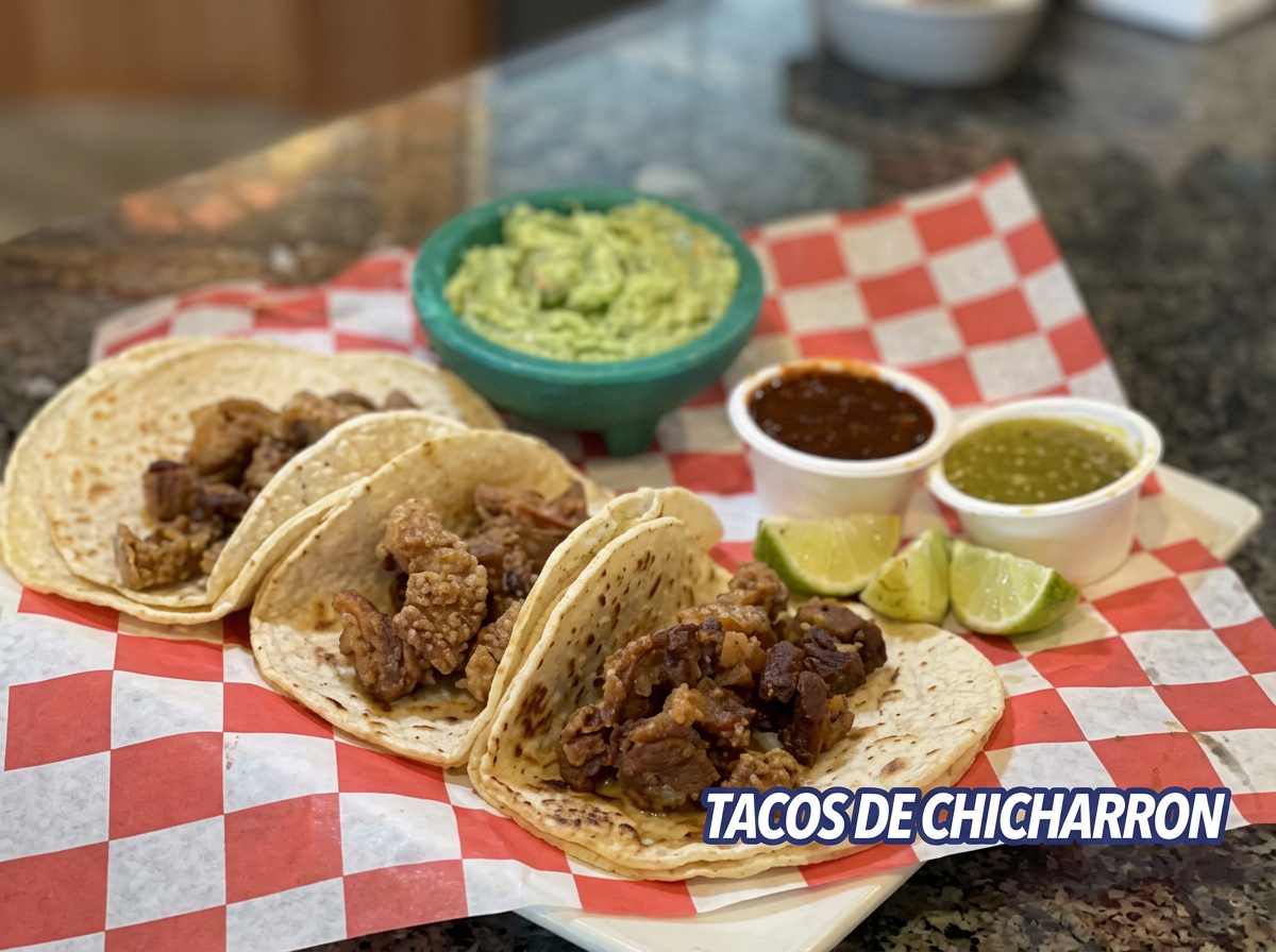Cuatro tacos de carne de res en tortillas de maíz en un plato con limones, salsa y guacamole. En el fondo hay salsa y guacamole en pequeños recipientes. Sobre una mesa de superficie de granito con papel a cuadros rojos y blancos.