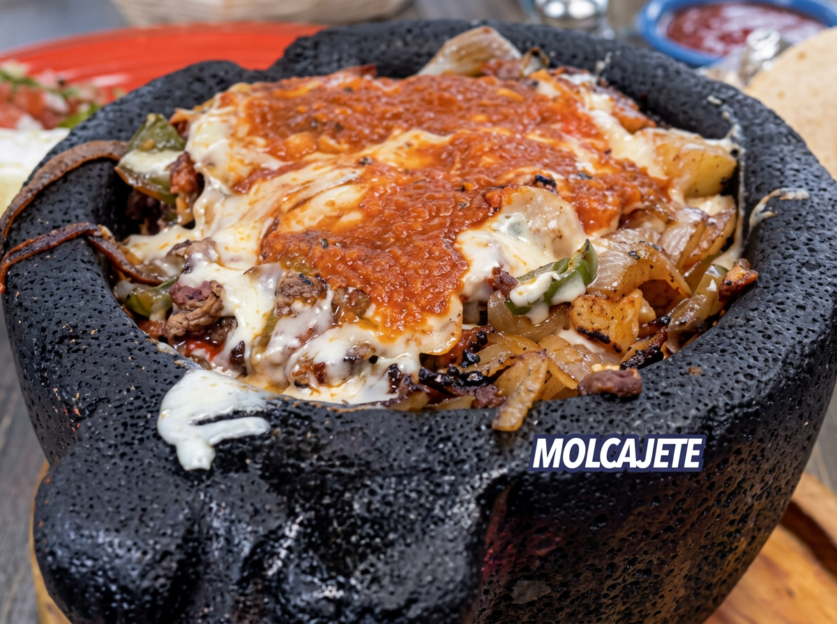 Plato de molcajete con carne, queso, cebolla, y salsa roja