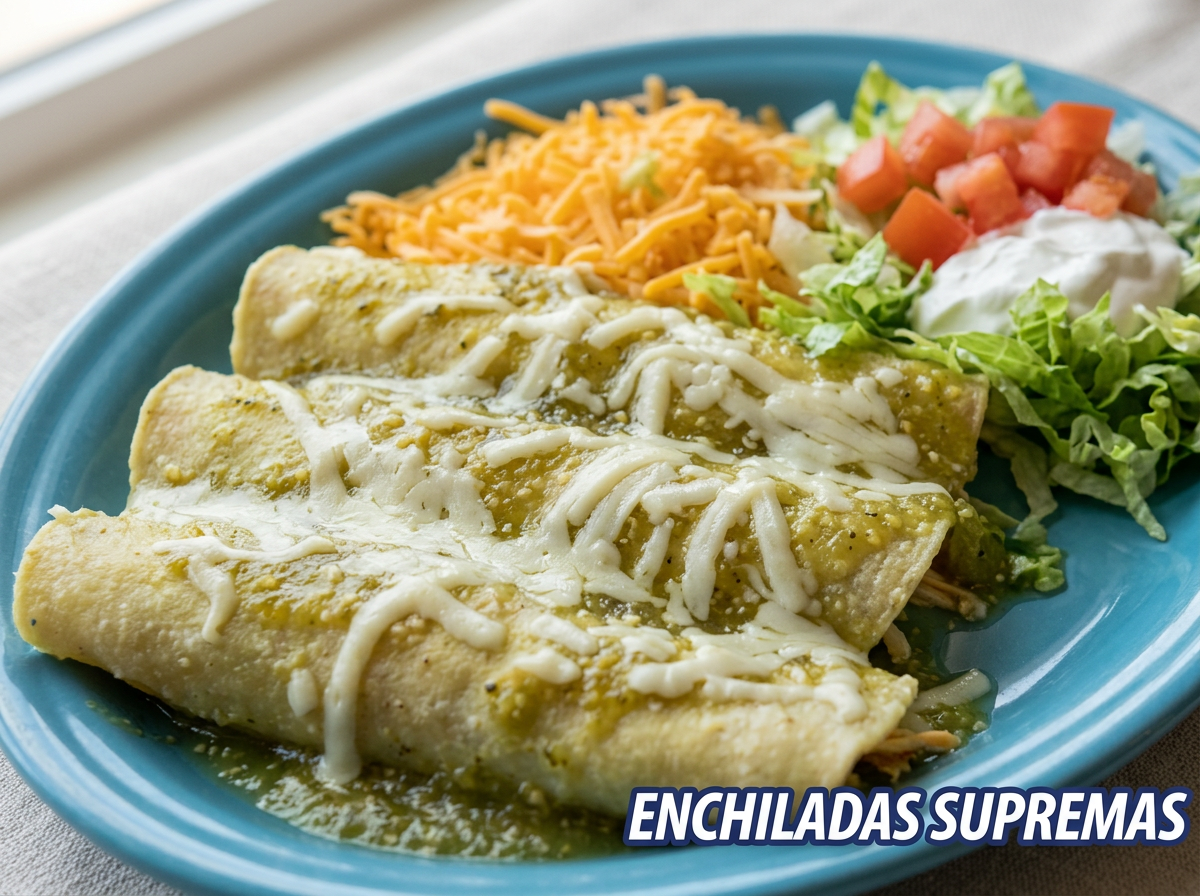 Plato con enchiladas con queso, acompañadas de ensalada, tomate y crema