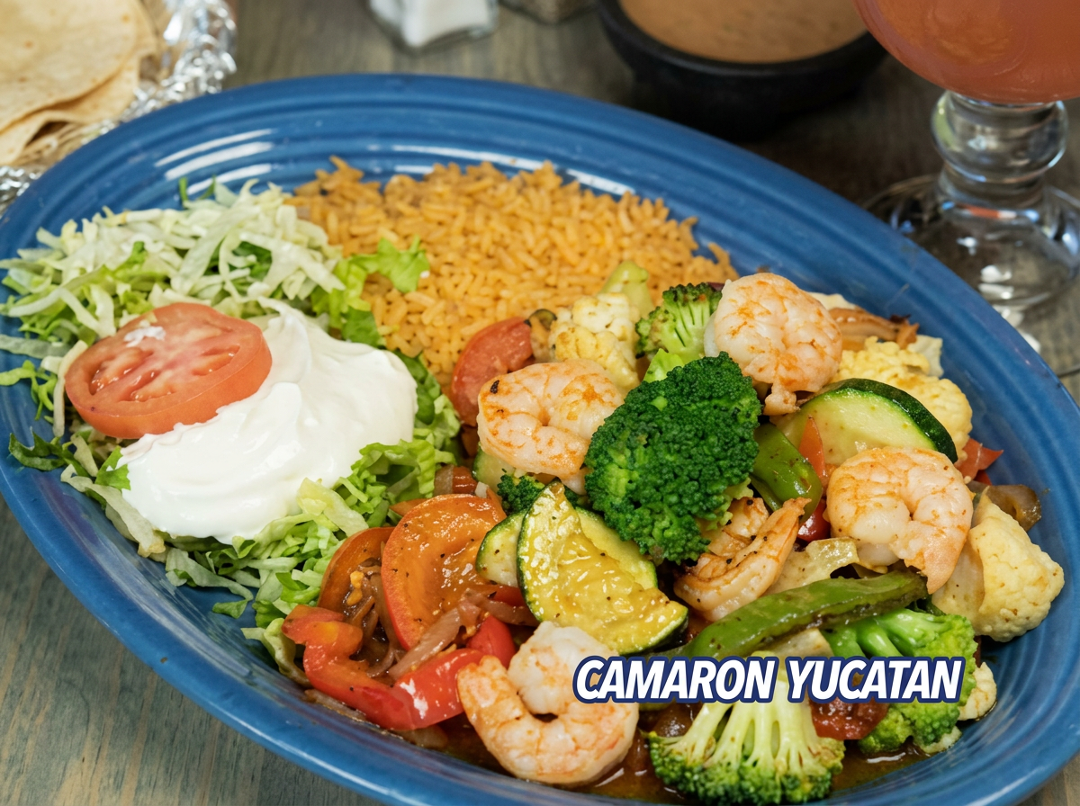 Plato de camarones yucatecos con arroz, ensalada, salsa y tortillas.