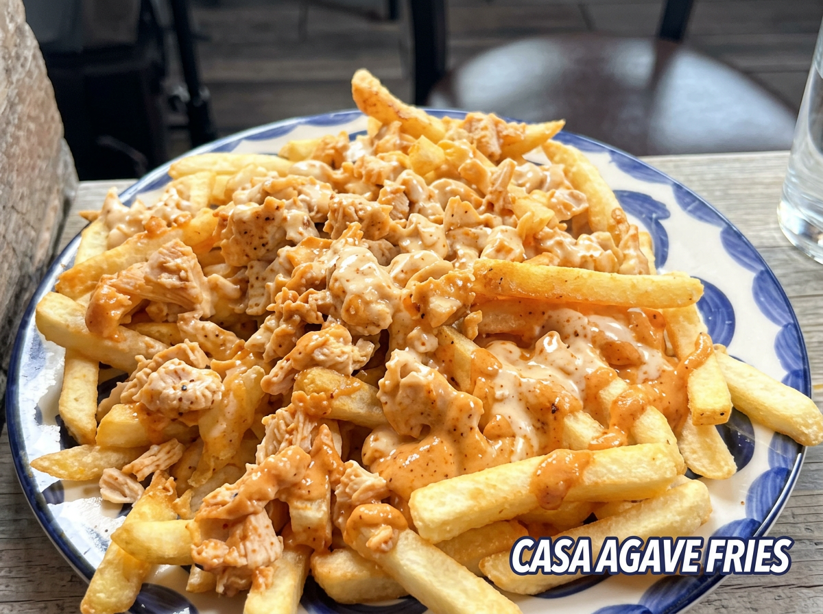 Porción de papas fritas cubiertas con pollo en salsa. A la derecha, un vaso con agua.
