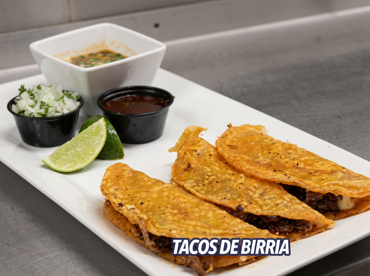 Plato con tres tacos de birria, acompañados de rebanadas de lima, cebolla picada, salsa roja y salsa verde, en un plato blanco.