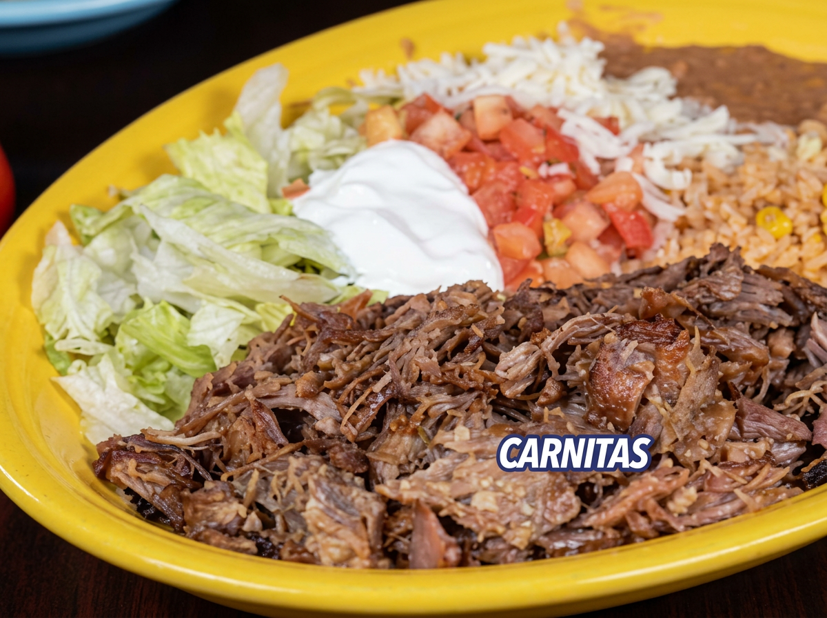 Plato de comida con carne deshebrada, ensalada, crema, pico de gallo, arroz y frijoles