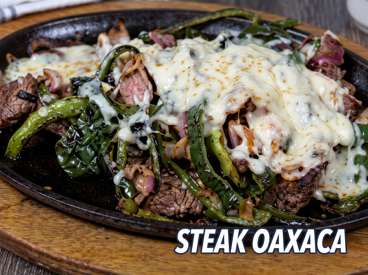 Bistec a la parrilla cubierto con queso fundido, acompañado de verduras asadas sobre una placa de hierro y una tabla de madera.
