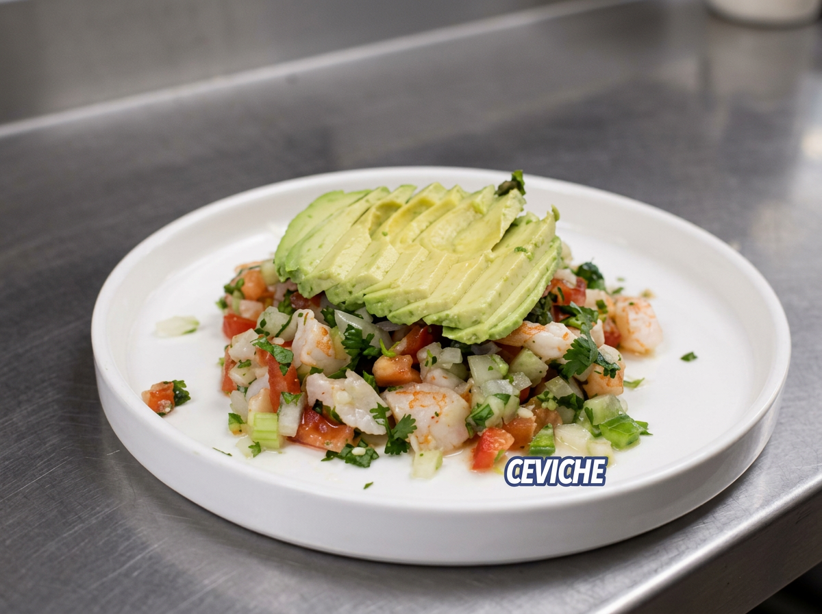 En un plato blanco hay una ensalada con camarones, tomate, cebolla, cilantro y aguacate en rebanadas.