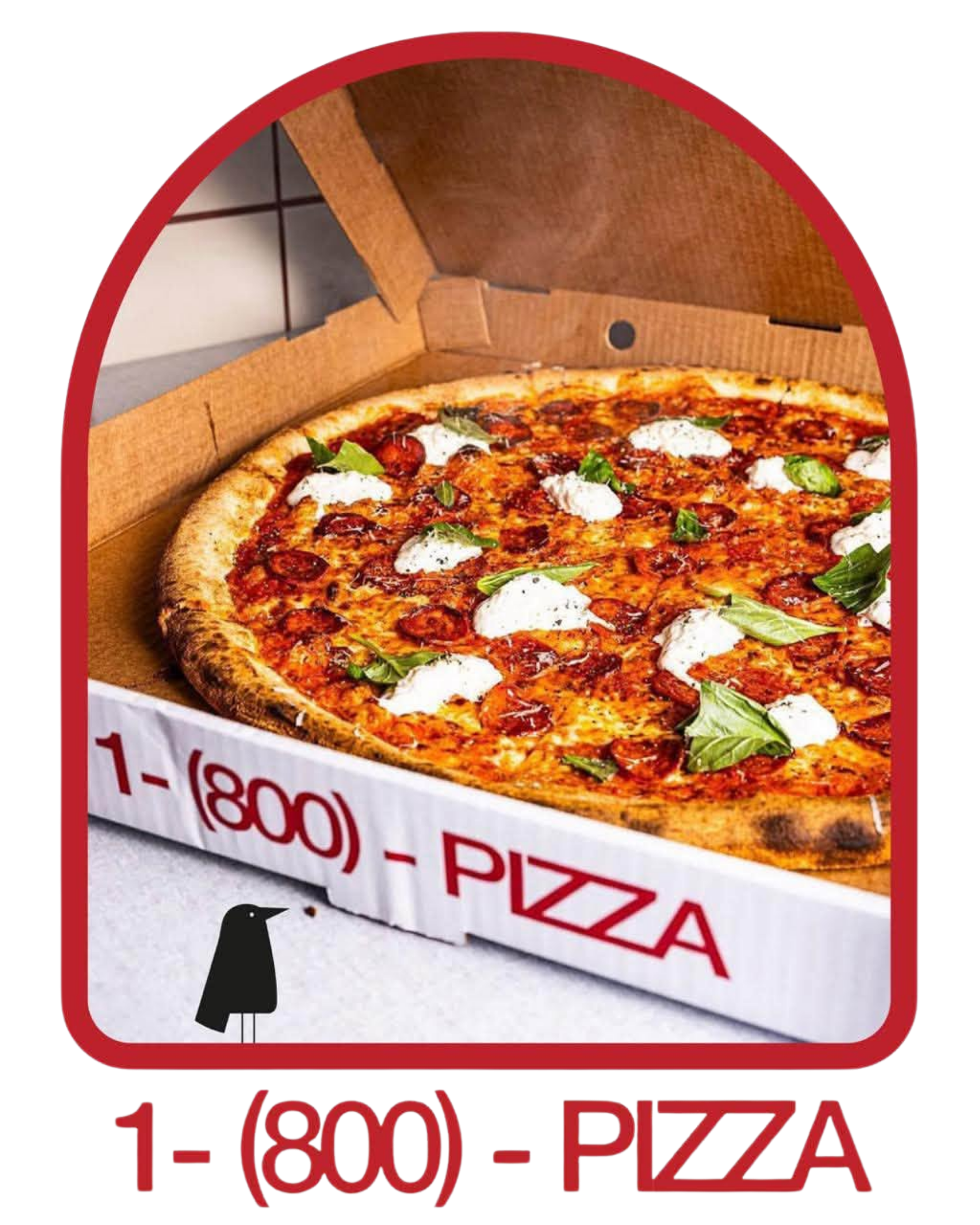 Front view of a pizza in a cardboard box with toppings like cheese, basil, and pepperoni, inside a Pizza Hut takeout box.
