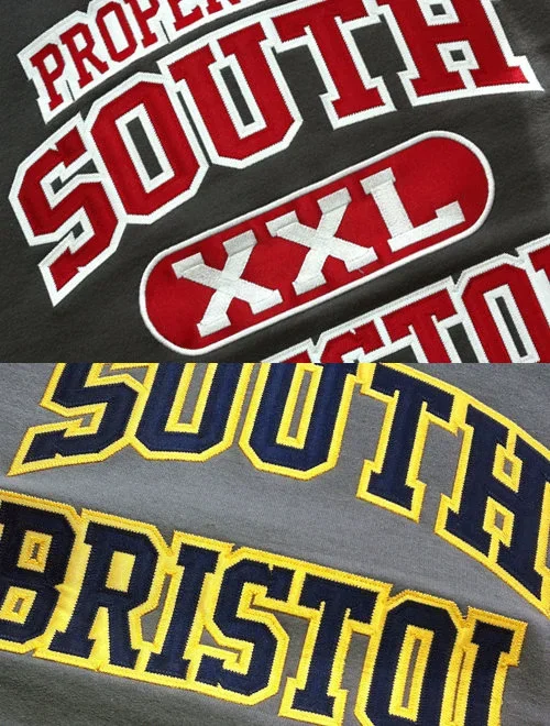 Two heavyweight embroidered sweatshirts, each featuring "SOUTH BRISTOL" in bold text and team colors.