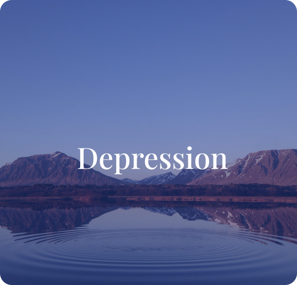 Mountains reflected in a lake during daytime with the word 'Depression' written across the center.