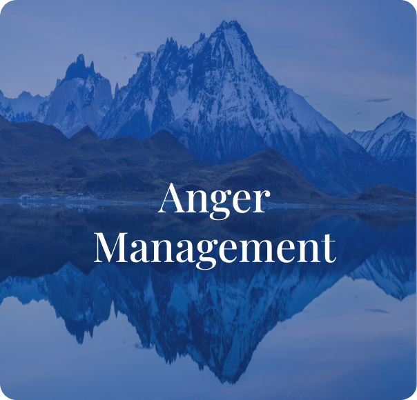 Mountain landscape with reflection in water, overlaid with the text 'Anger Management'.