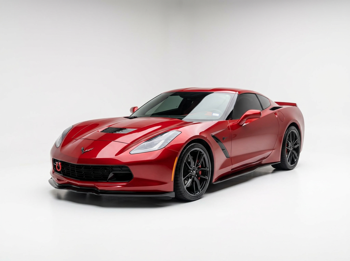 Red Chevrolet Corvette sports car with black wheels and tinted windows on a plain white background.