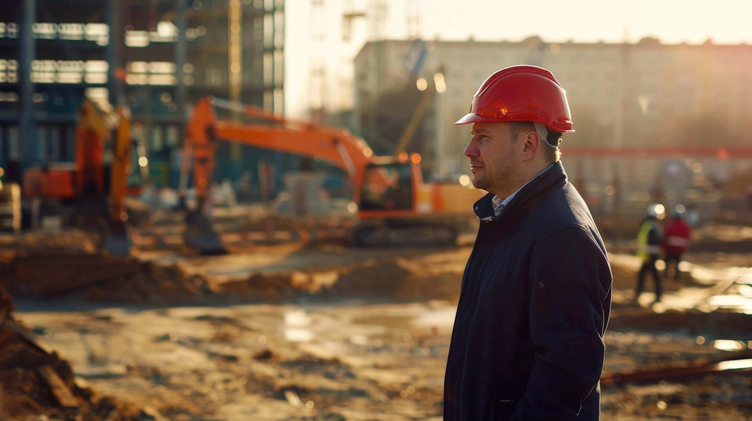 A man wearing a red construction helmet stands on a construction site with construction equipment and workers in high visibility vests in the background, during sunset.