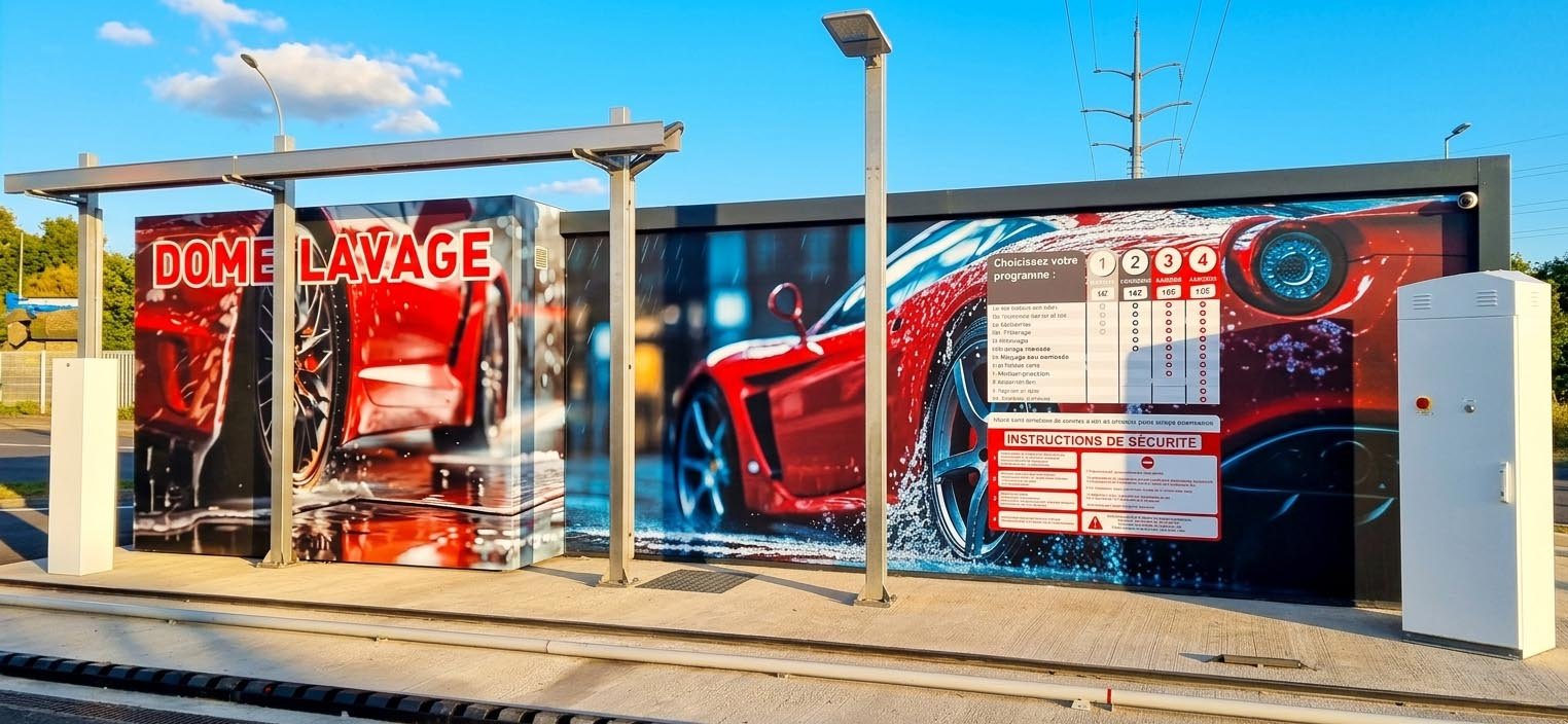 Une station de lavage de voitures avec une grande affiche montrant une voiture rouge sous la pluie.