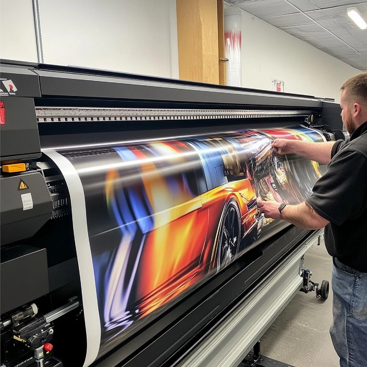 Un homme manipule un grand imprimante à jet d'encre produisant une affiche colorée d'une voiture de sport.