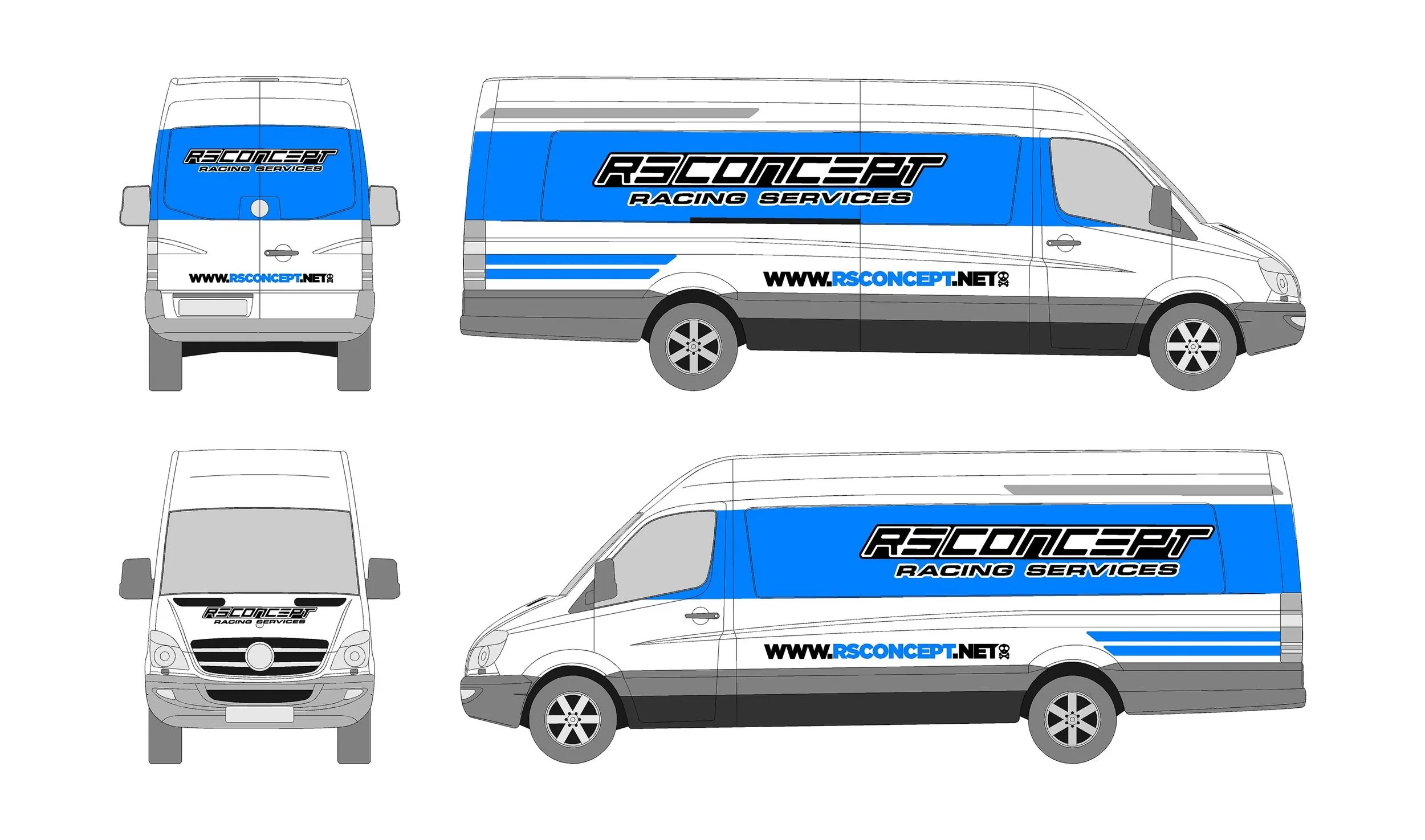 Vues schématiques d'un véhicule utilitaire de service avec une publicité pour "RSConcept Racing Services". Design avec bande bleue et inscriptions en noir et blanc, vues de face, côté, arrière et dessus.