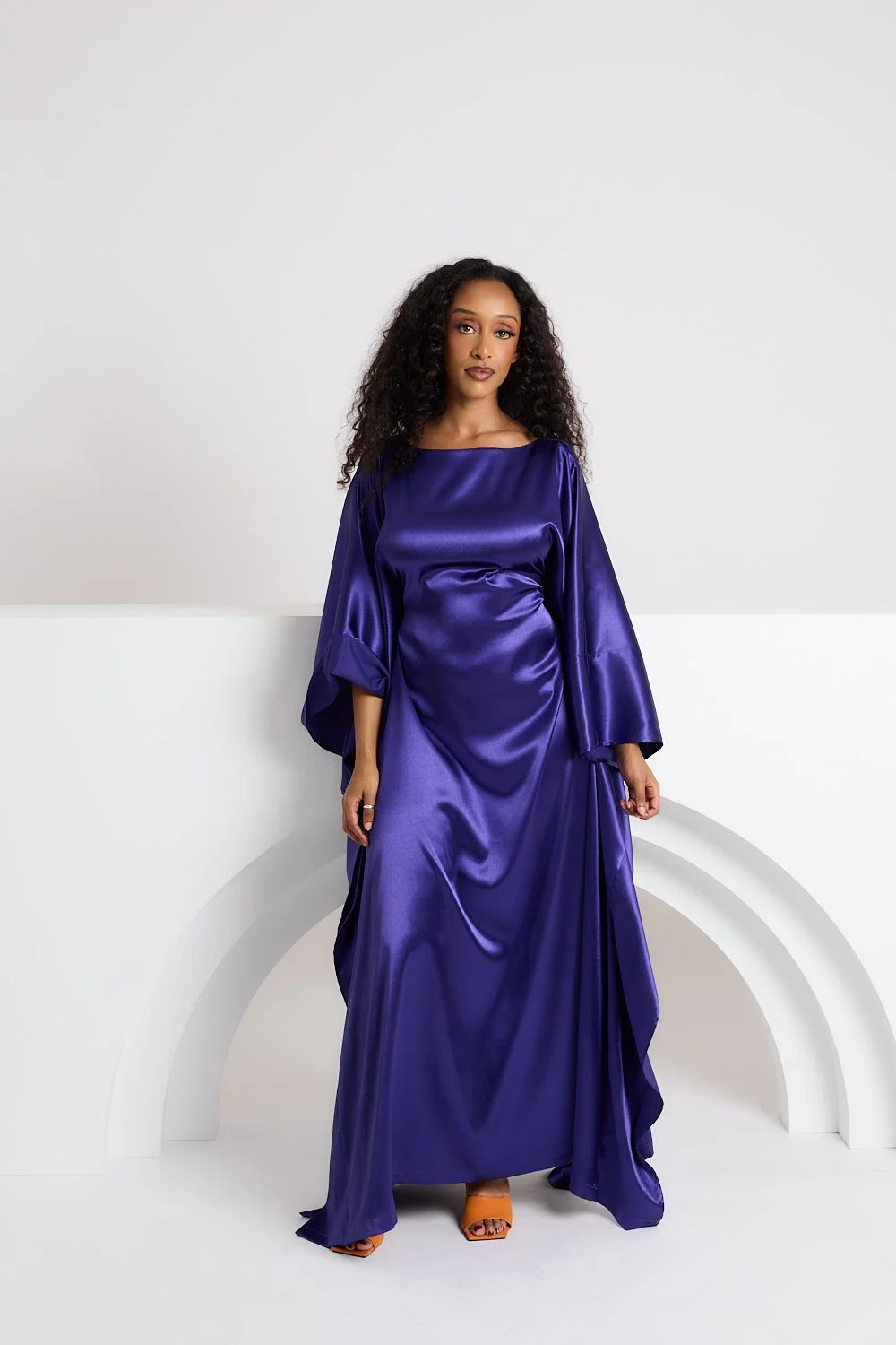 Purple Satin Niece Boat Neck Dress