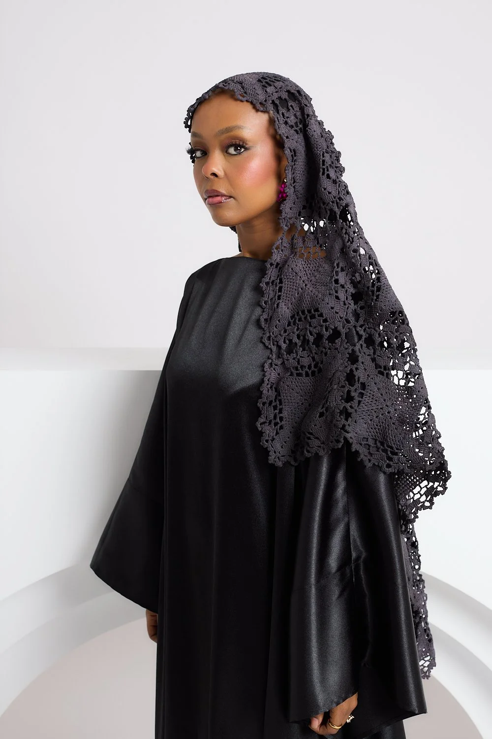 Black Satin Niece Boat Neck Dress