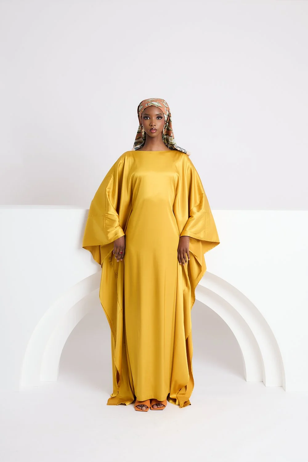 Marigold Yellow Satin Niece Boat Neck Dress