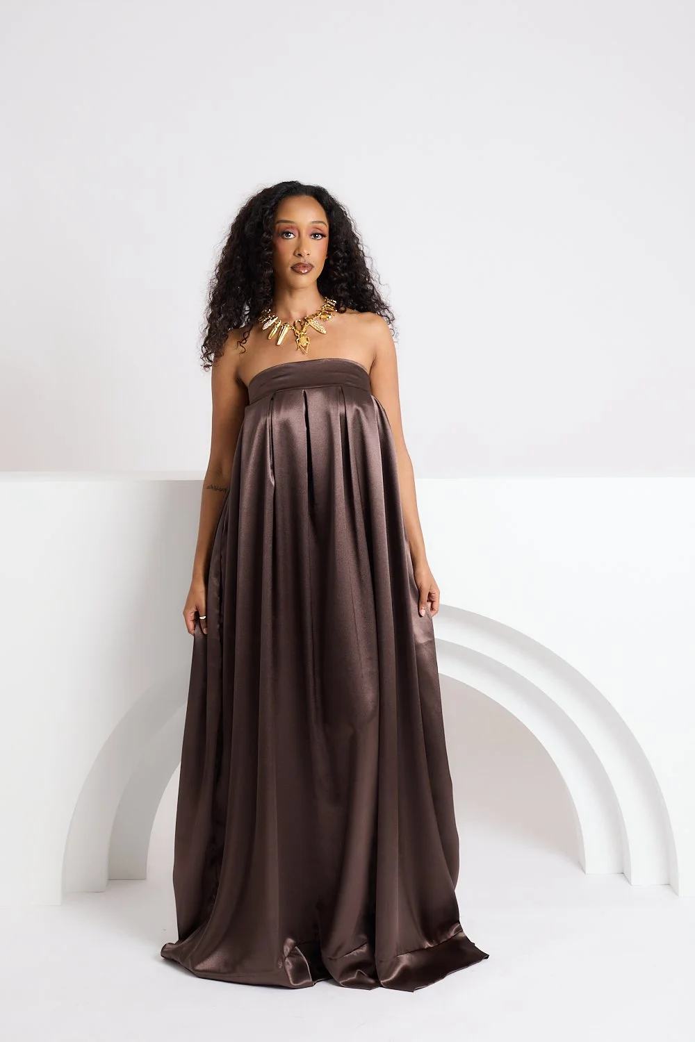 Brown Strapless Puff Sleeve Dress