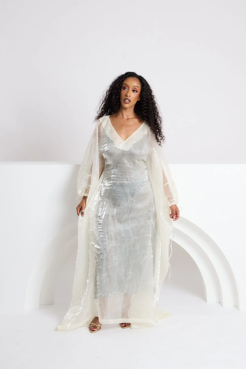Cream Organza V Neck Dress