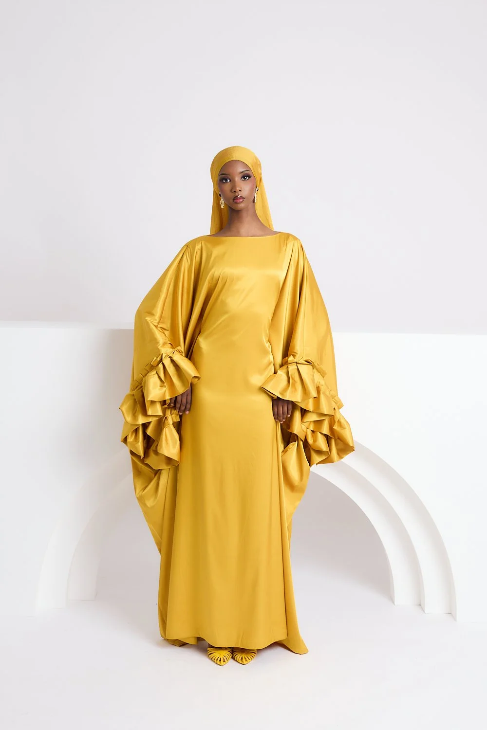 Marigold Yellow Satin Ruffle Dress