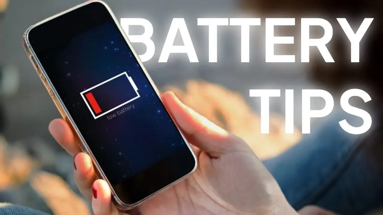 Hand holding a phone with a low battery icon next to the words Battery Tips