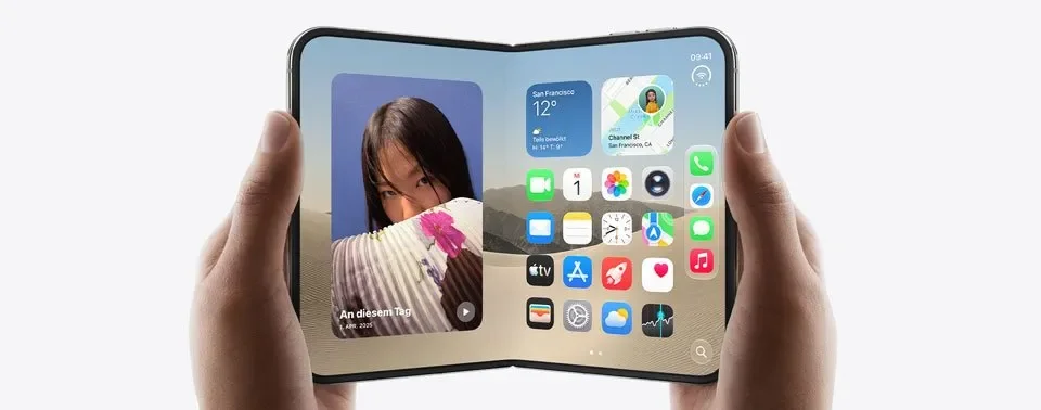Hands holding an unfolded iPhone Duo showing its large inner display