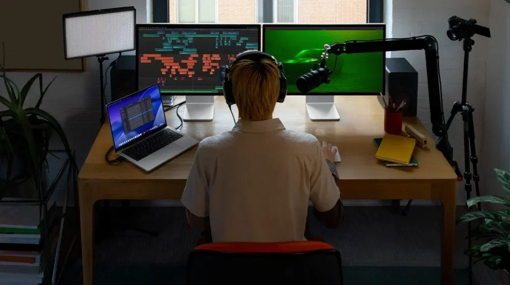 Creator editing on a Mac with several screens at a desk