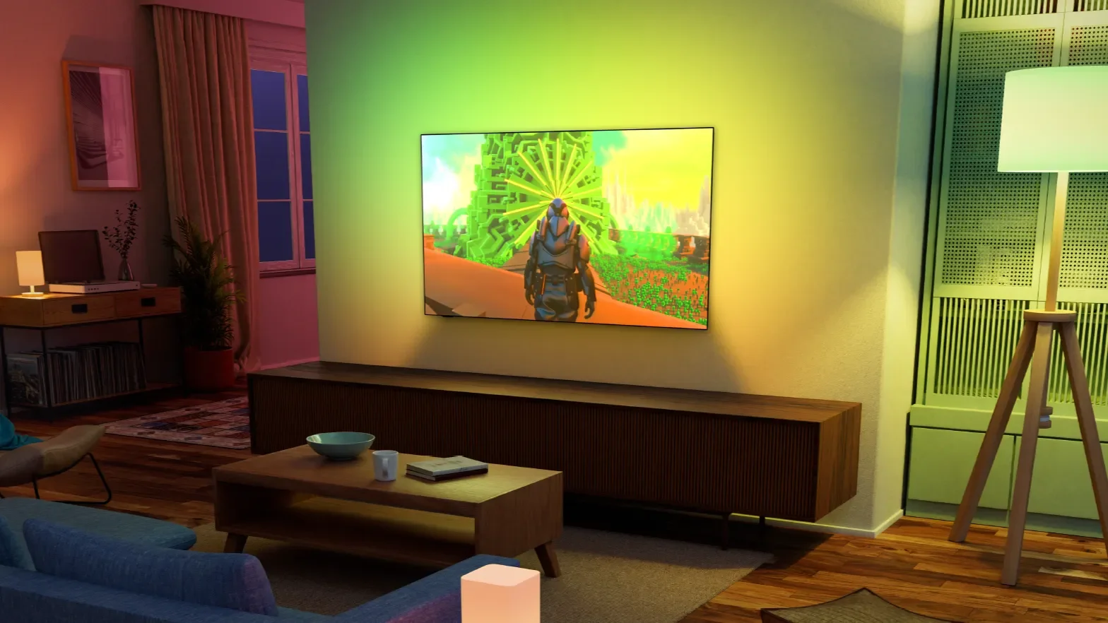 Philips Ambiscape lighting filling a living room with green and yellow light from the TV