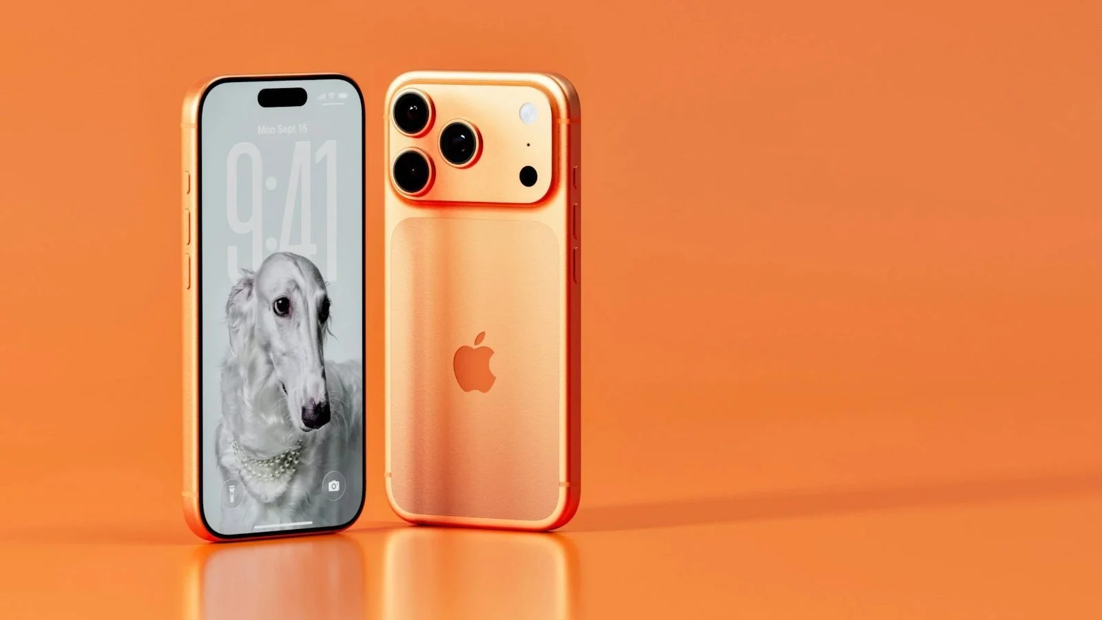 Orange iPhone Pro shown from the front and back with its triple camera system