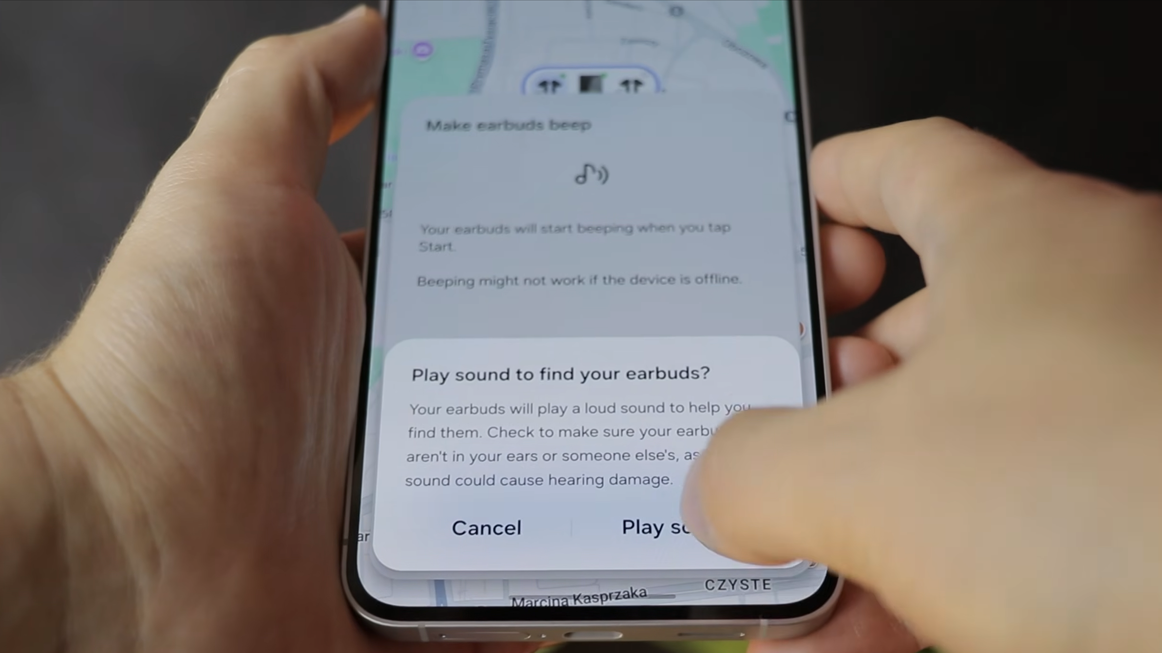A smartphone showing a map with last known location of Galaxy Buds3 FE and asking user to play a sound