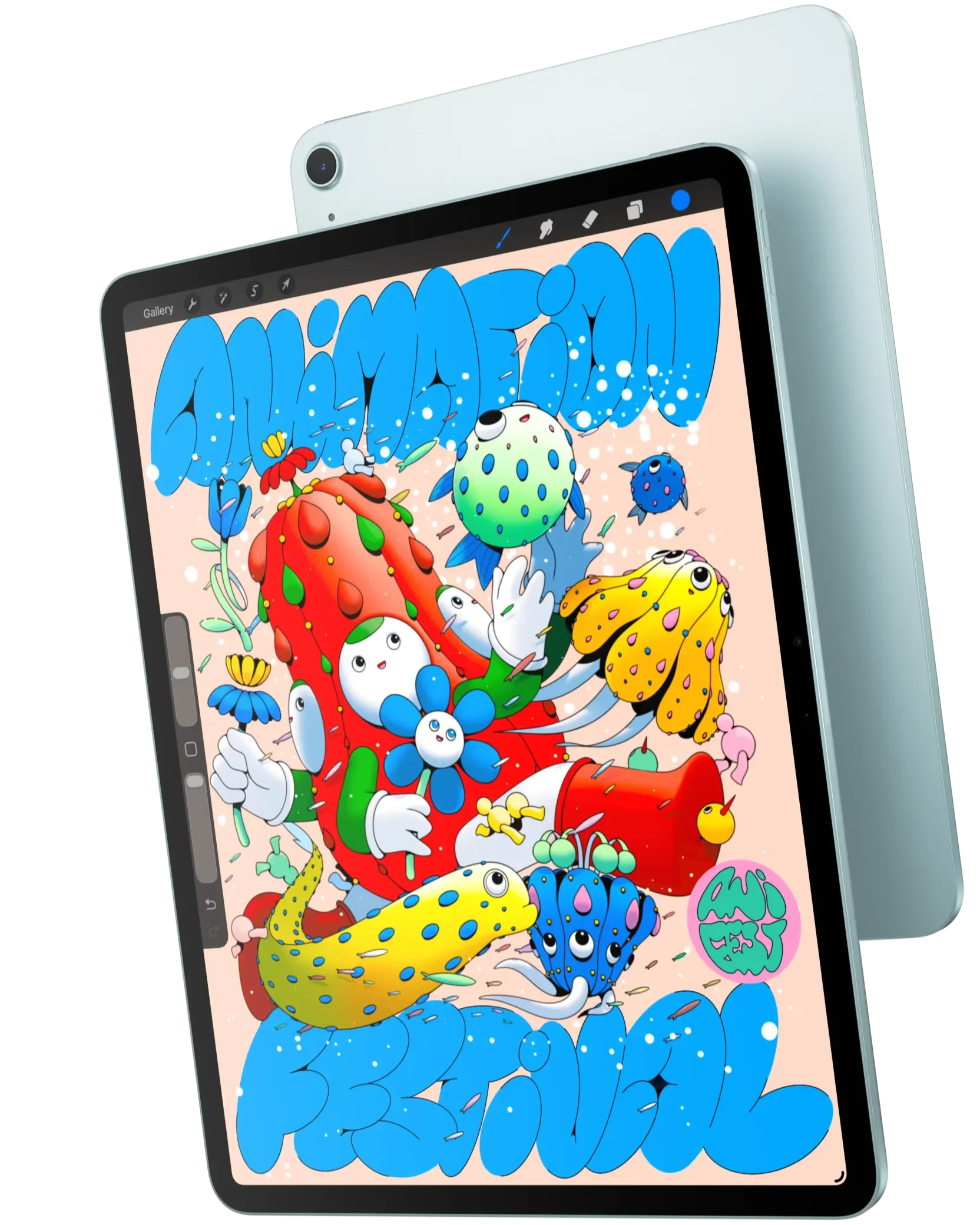 iPad Air with a colorful illustration on screen
