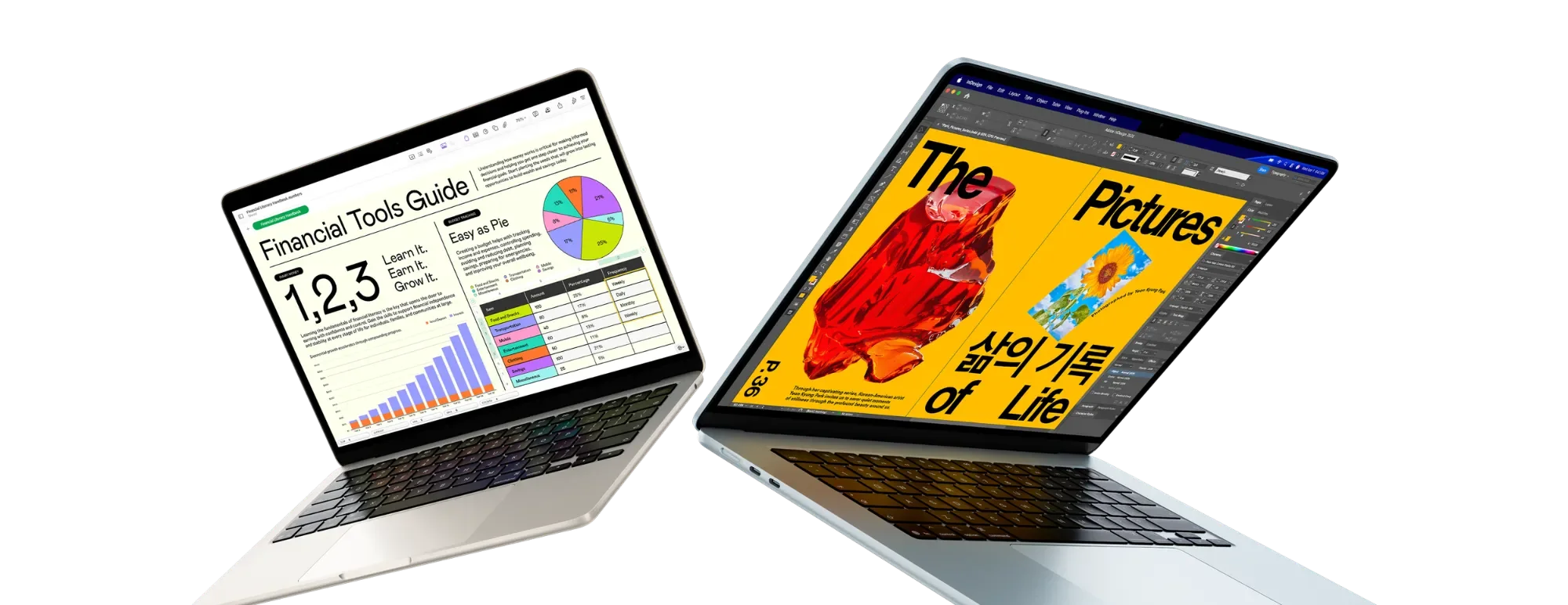 Two MacBook Air laptops showing a spreadsheet and a document