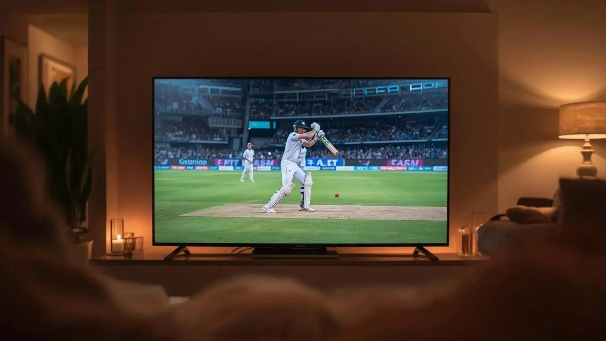 TV showing a baseball game in a cozy, dimly lit living room