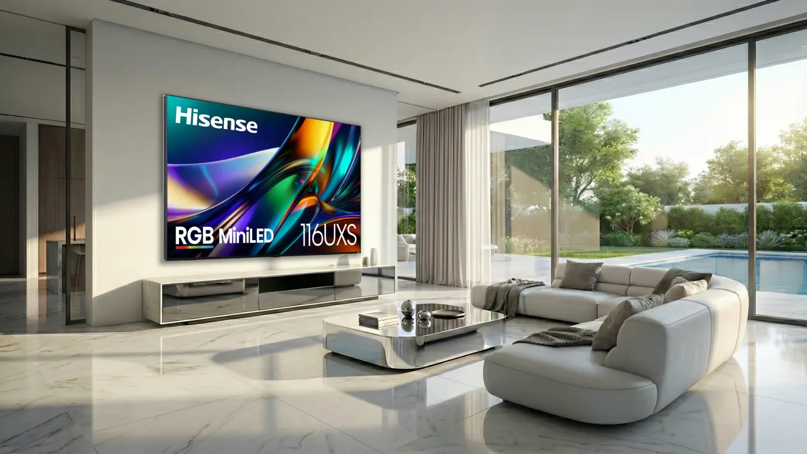 Hisense 116UXS RGB MiniLED TV in a bright living room