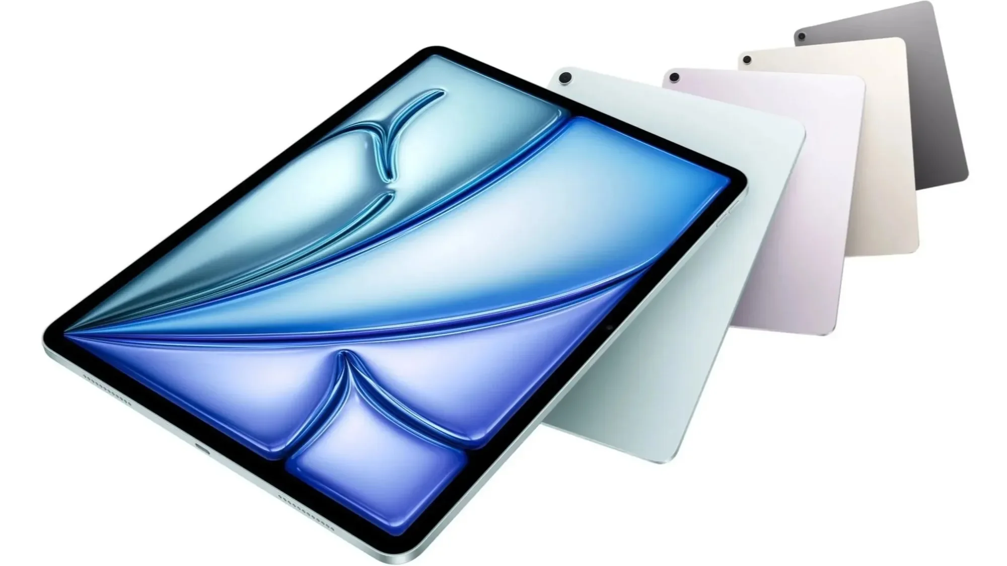 iPads lined up in blue, purple, silver and space gray
