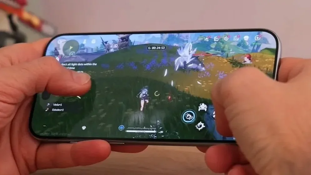Playing a mobile action game on an iPhone Air