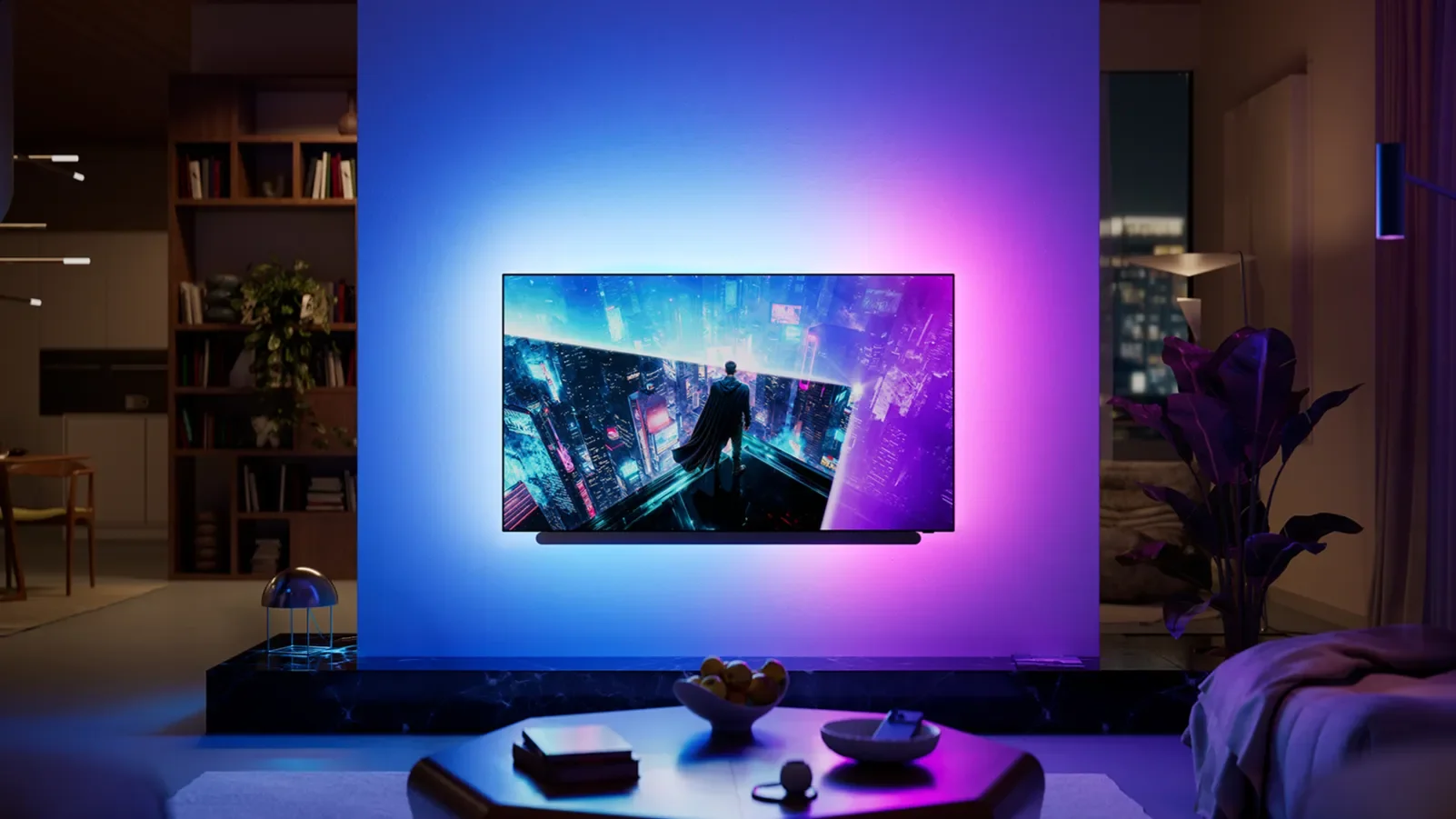 Philips Ambilight TV casting colorful light onto the wall in a living room