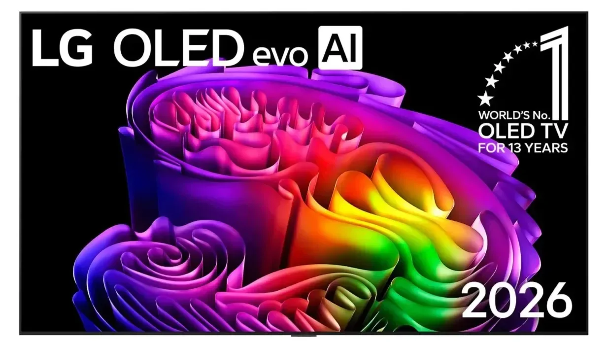 LG OLED evo G6 TV with a colorful abstract image on screen