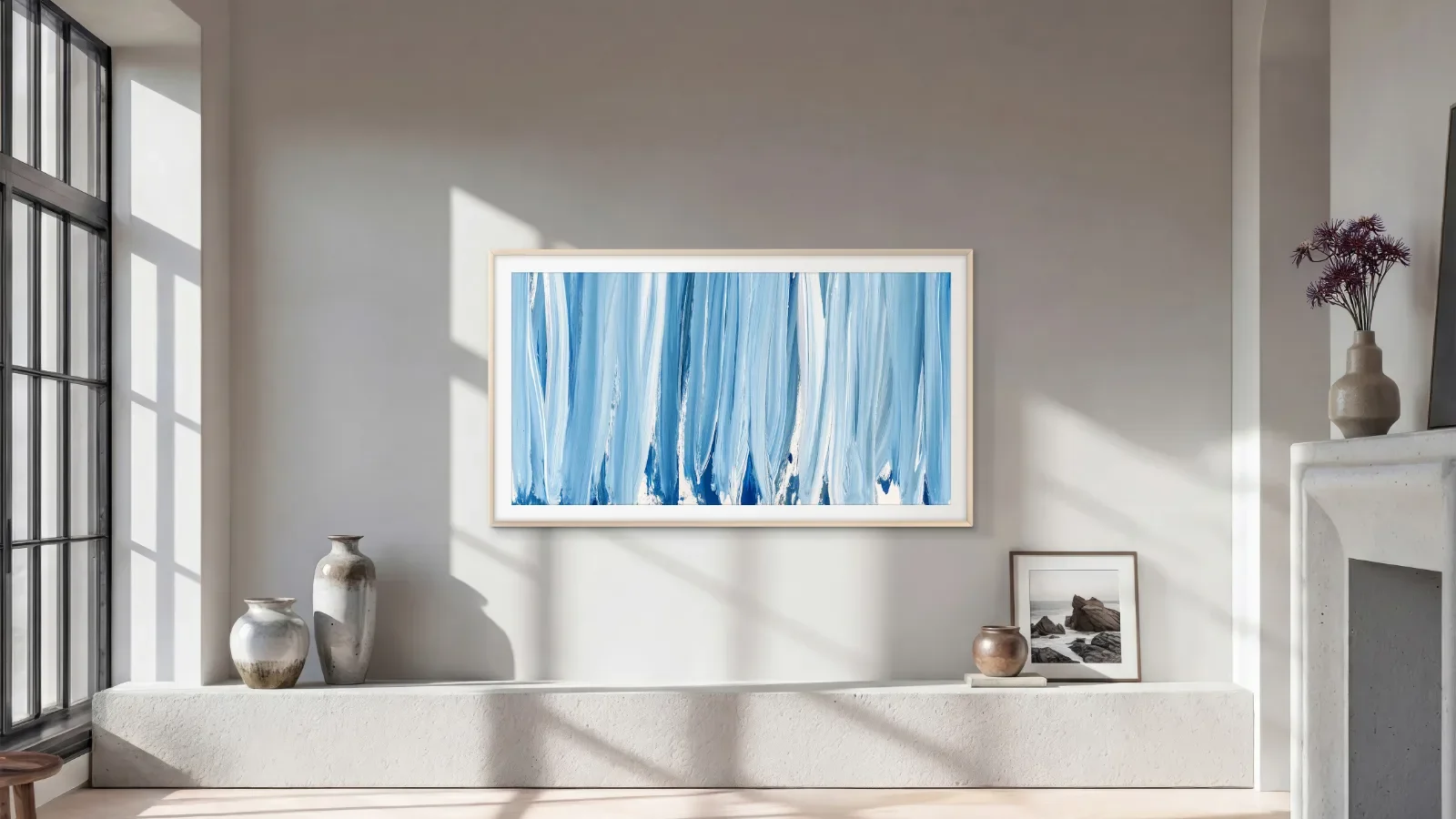 Samsung The Frame 2026 TV displaying artwork on a living room wall