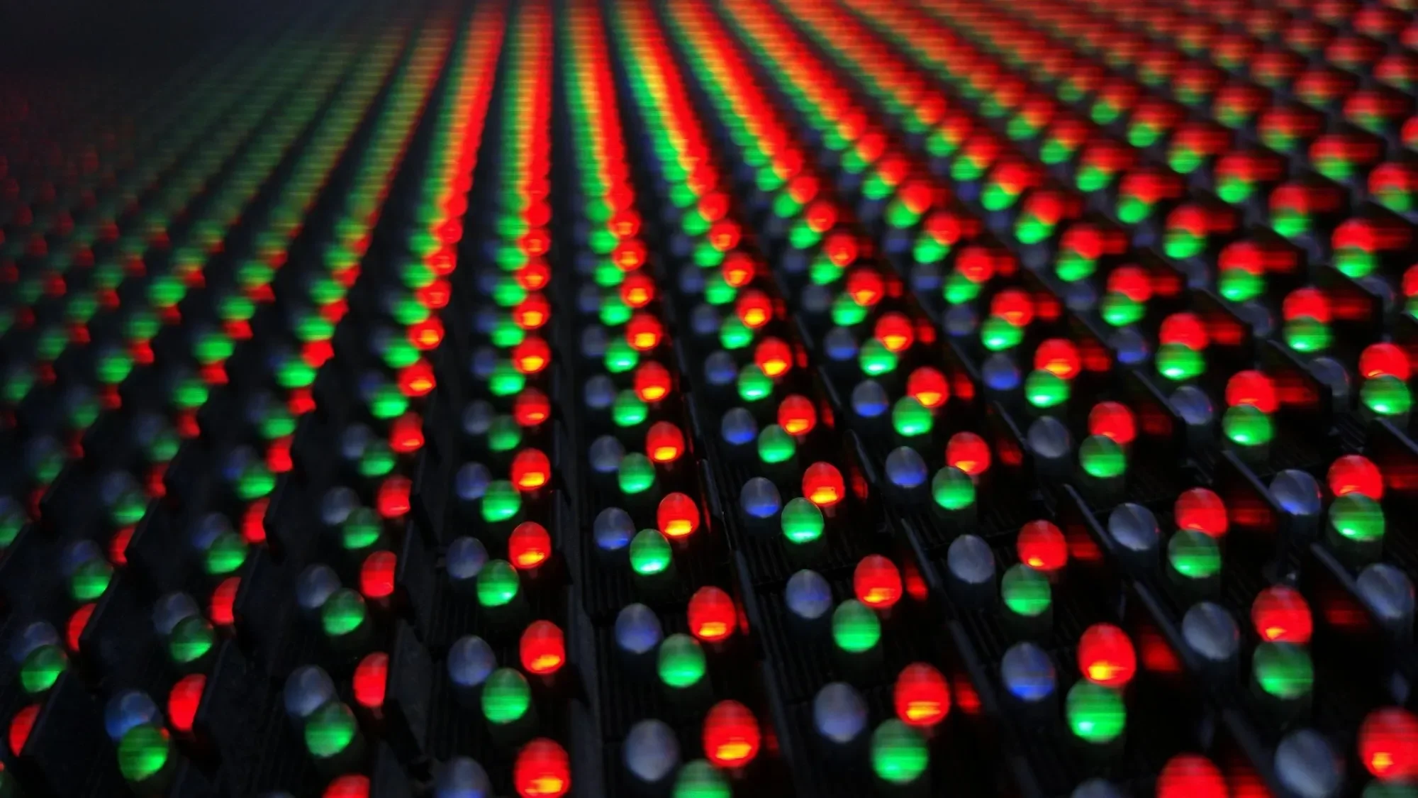 Macro close-up of red, green and blue LED pixels