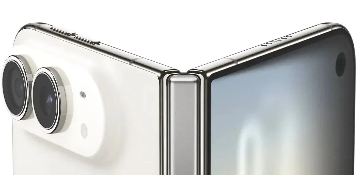 Close-up of the white iPhone Duo's dual rear camera and folding hinge