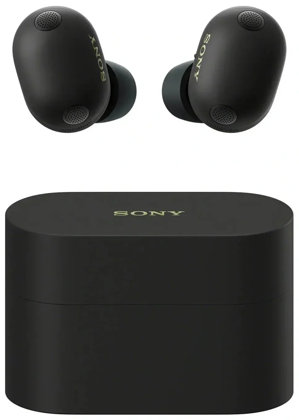 Sony WF-1000XM6 earbuds in black with their charging case