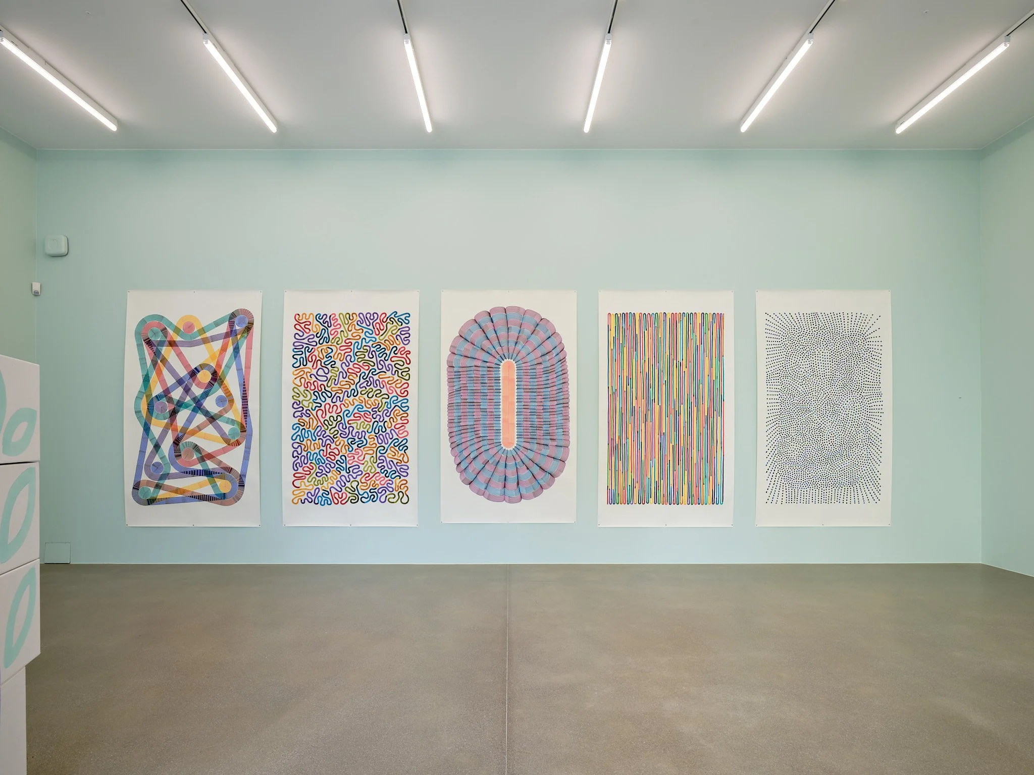 Five large drawings on paper by Tobias Gutmann in a row on a mint green wall