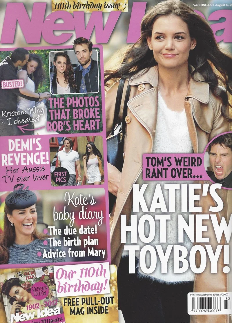 Magazine cover featuring a smiling woman in a beige coat and white sweater, with smaller images and headlines about celebrity gossip, Kate's baby diary, and a 110th birthday celebration.